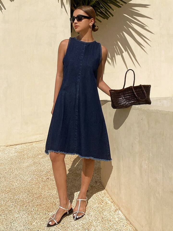 CM-DS784537 Women Casual Seoul Style Medium Wash Backless Drawstring Tie-Up Hollow Denim Dress