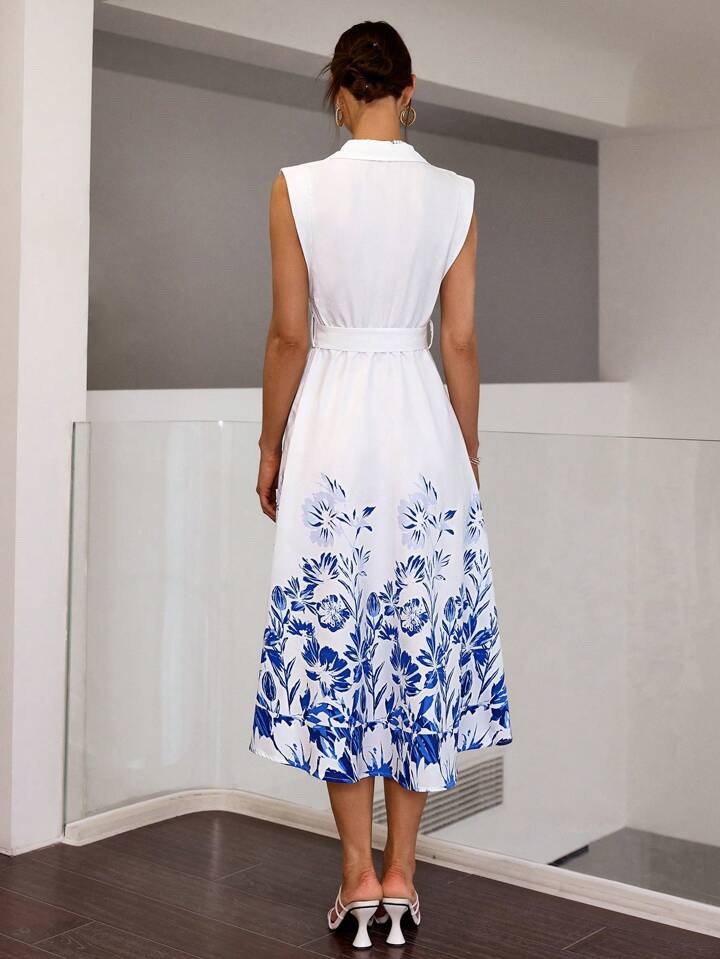 CM-DS824295 Women Elegant Seoul Style Floral Printed Front Button Sleeveless Dress - White