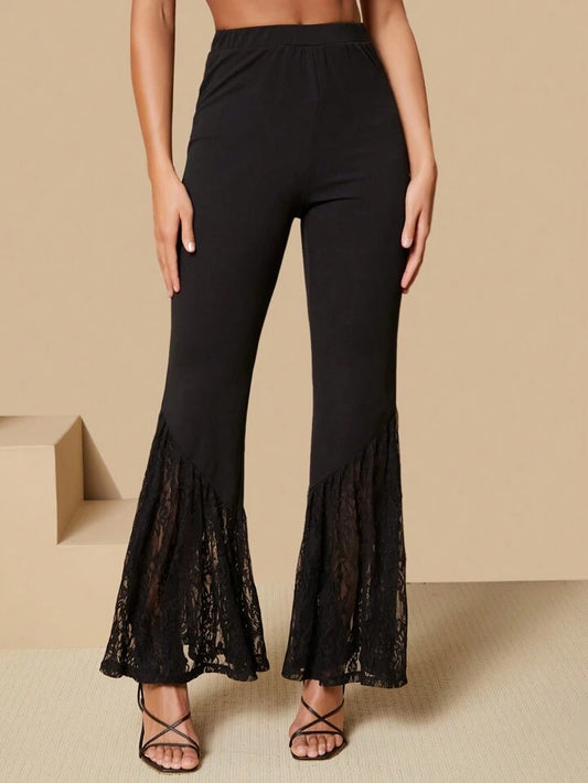CM-BS215907 Women Elegant Seoul Style Patchwork Lace Loose Flare Pants - Black