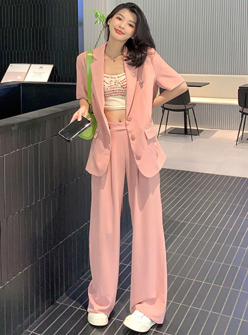 CM-SF081501 Women Elegant Seoul Style Tailored Collar Jacket With Wide-Leg Long Pants - Set