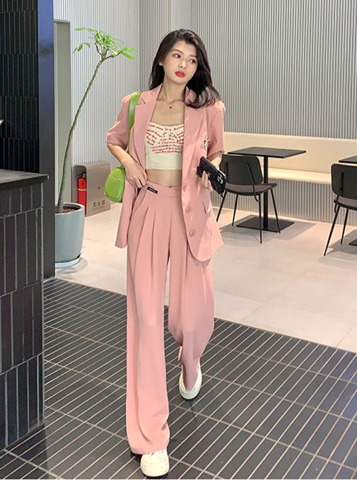 CM-SF081501 Women Elegant Seoul Style Tailored Collar Jacket With Wide-Leg Long Pants - Set