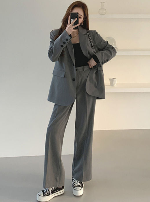 CM-SF081507 Women ELegant Seoul Style Tailored Collar Loosen Two Pieces Long Suits