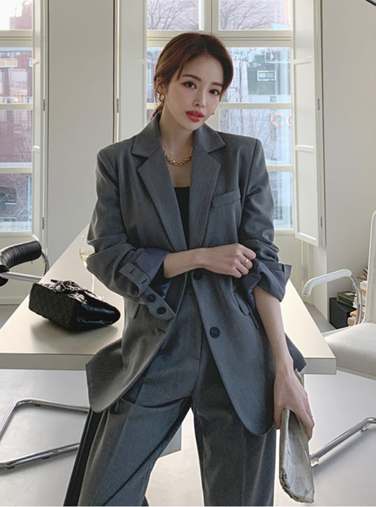 CM-SF081507 Women ELegant Seoul Style Tailored Collar Loosen Two Pieces Long Suits