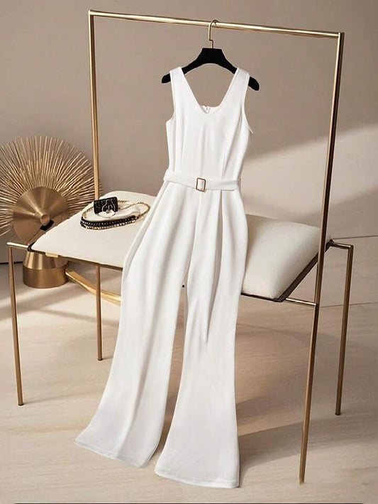 CM-JS203484 Women Elegant Seoul Style Solid Color V-Neck Sleeveless Pleated Wide Leg Jumpsuit - White
