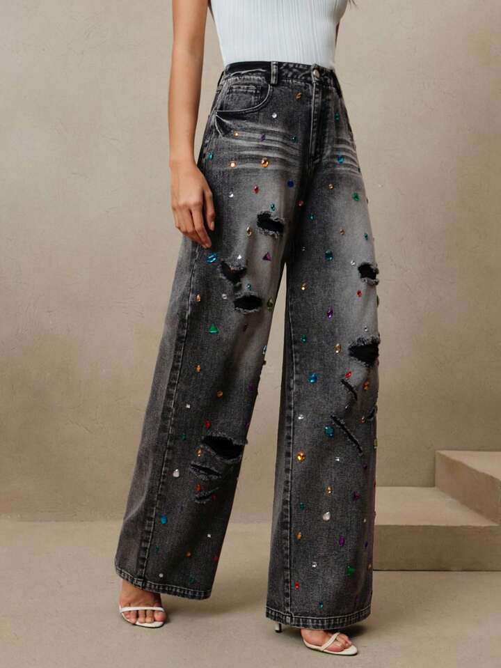 CM-BS569374 Women Elegant Seoul Style Distressed Colored Rhinestone Embellished Jeans - Black