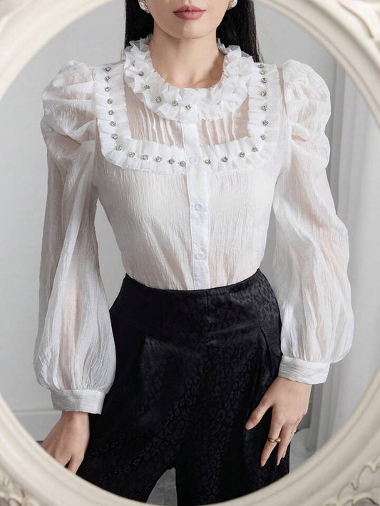 CM-TS720463 Women Elegant Seoul Style Stand Collar Long Sleeve Embellished Rhinestone Blouse - White