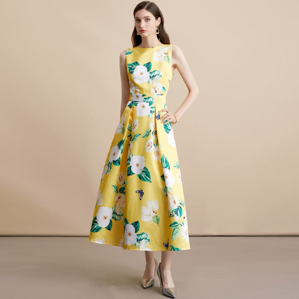 CM-DY054106 Women Elegant European Style Round Neck Sleeveless High Waist A-Line Mid-Length Dress - Yellow