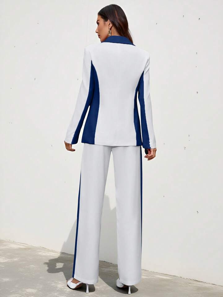 CM-SS123462 Women Elegant Seoul Style Contrast Color Lapel Neckline Long Sleeve Blazer With Suit Pants - Set