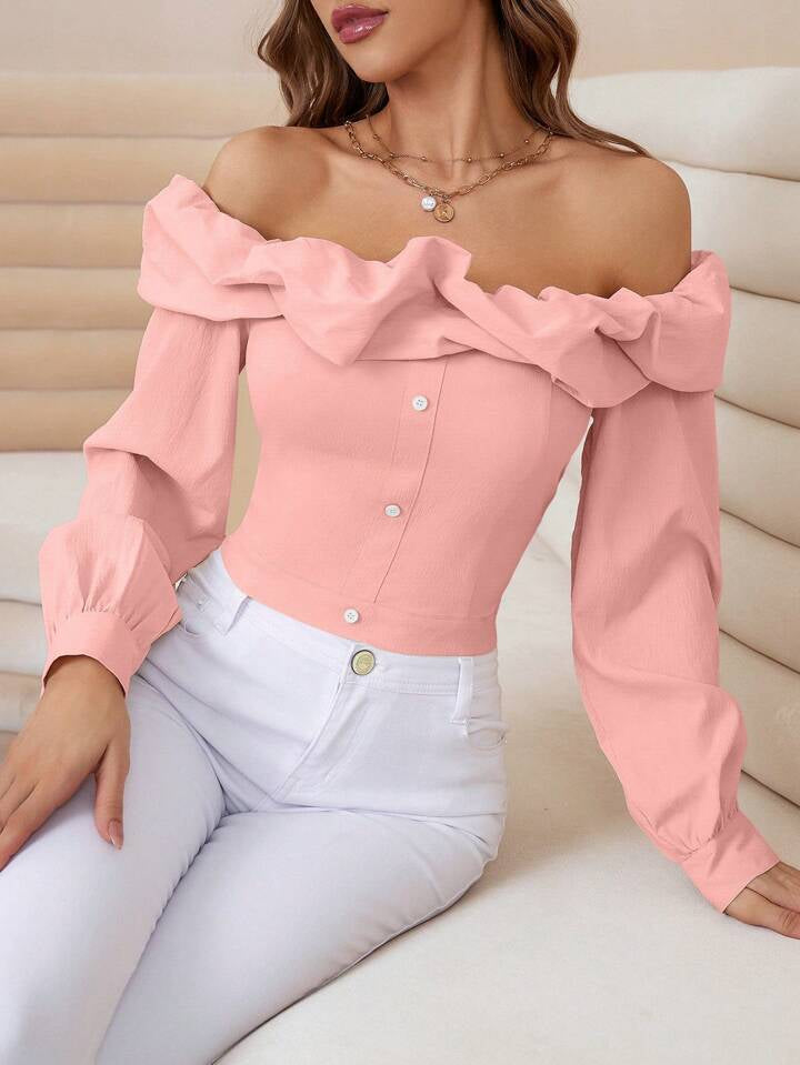CM-TS633977 Women Elegant Seoul Style Off the Shoulder Long-Sleeved Shirt - Pink