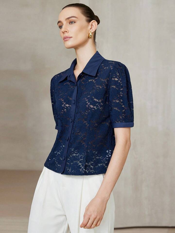 CM-TS471015 Women Elegant Seoul Style Shirt Collar Neckline Short Sleeve Lace Blouse - Navy Blue