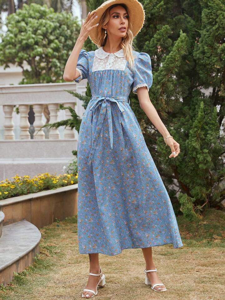 CM-DS111938 Women Trendy Bohemian Style Mesh Doll Collar Floral Embroidery Bubble Sleeve Dress