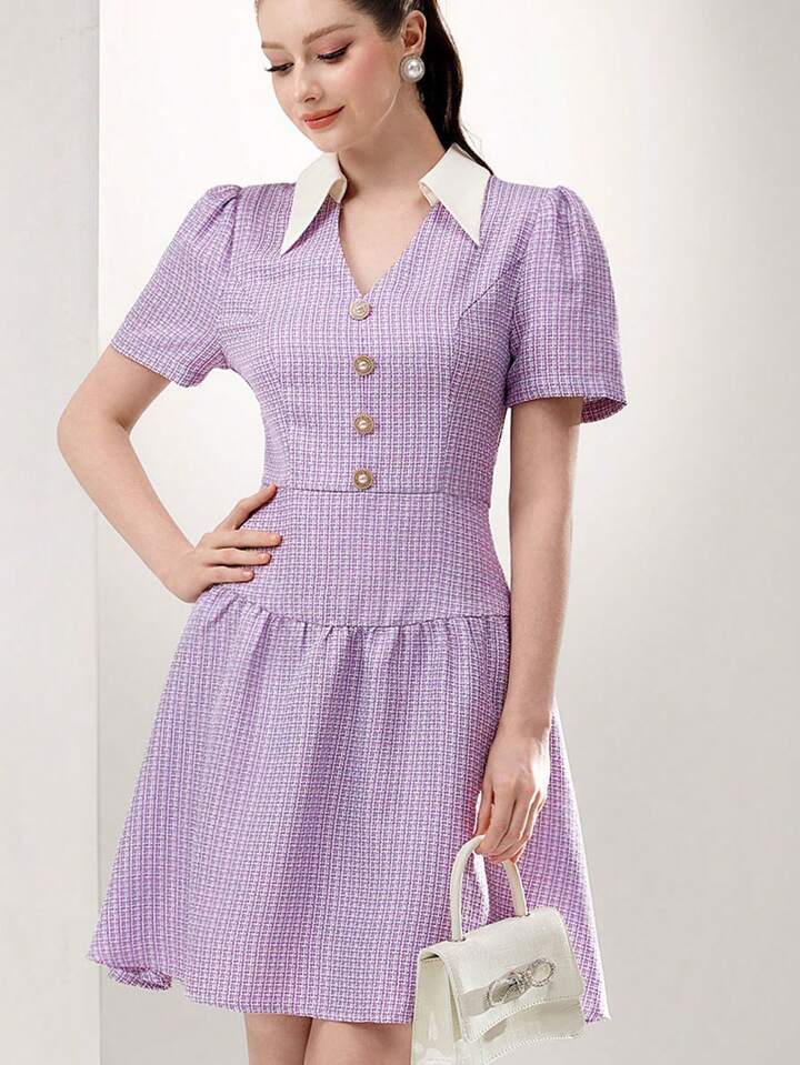 CM-DS337872 Women Casual Seoul Style Collar Neckline Short Sleeve High Waist Contrast Splice Mini Dress