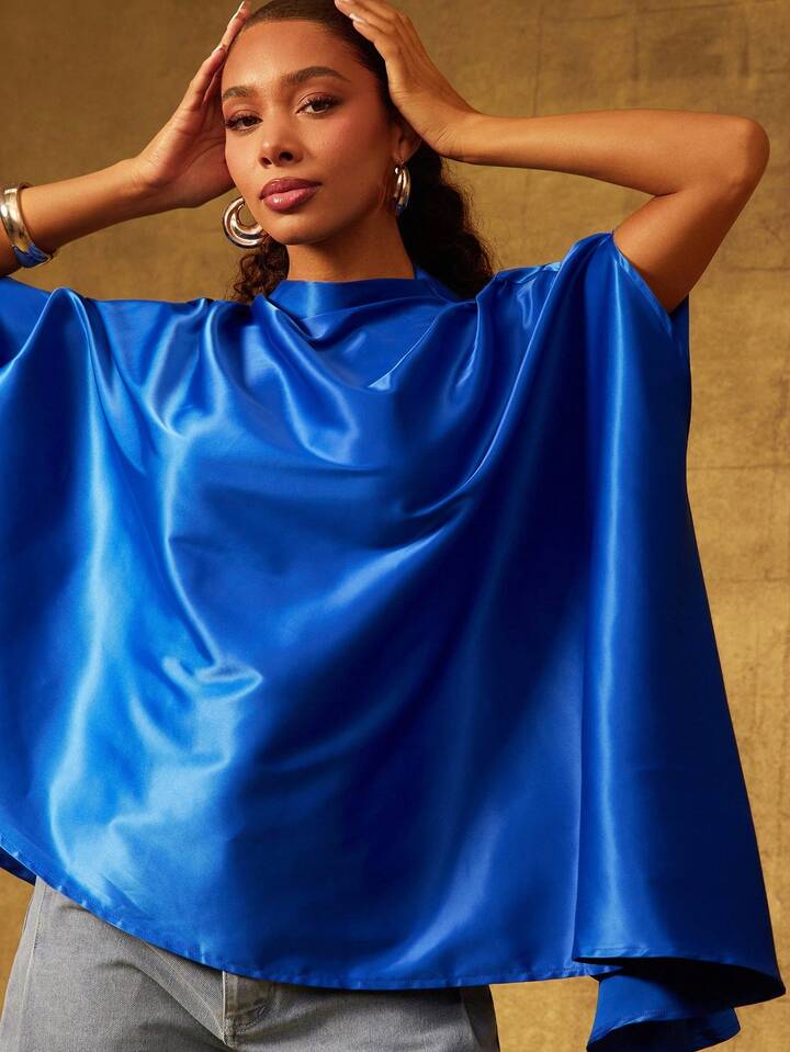 CM-TS529165 Women Elegant Seoul Style Stand Collar Sleeveless Satin Draped Asymmetrical Hem Cape Top - Blue