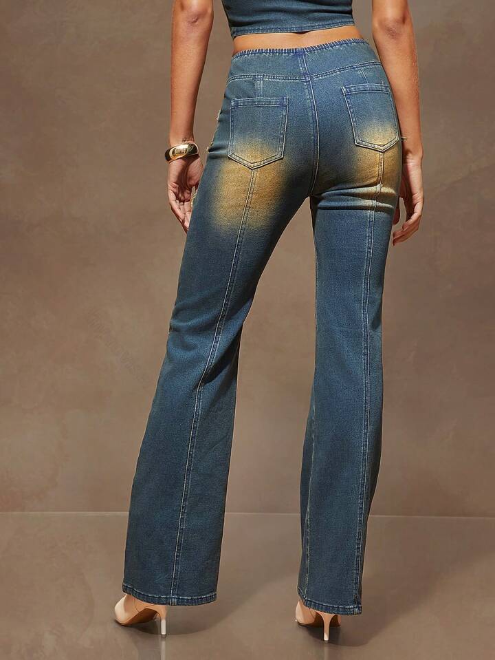 CM-BS868058 Women Casual Seoul Style Medium Wash Patchwork Fringed Zipper Design Straight-Leg Jeans