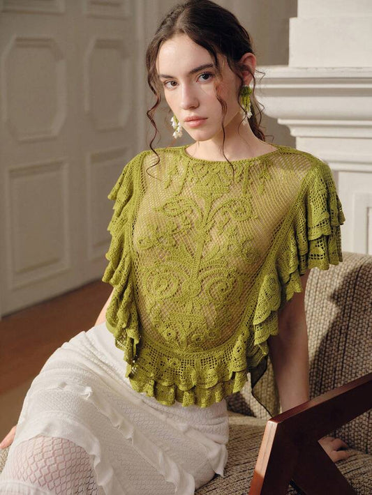 CM-TS299668 Women Elegant Seoul Style Round Neck Sleeveless Elastic Ruffled Hem Cropped Top - Green