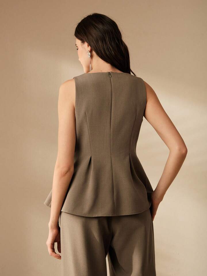 CM-TS226224 Women Elegant Seoul Style Embroidered Waist Fitted A-Line Asymmetrical Hem Tank Top - Khaki