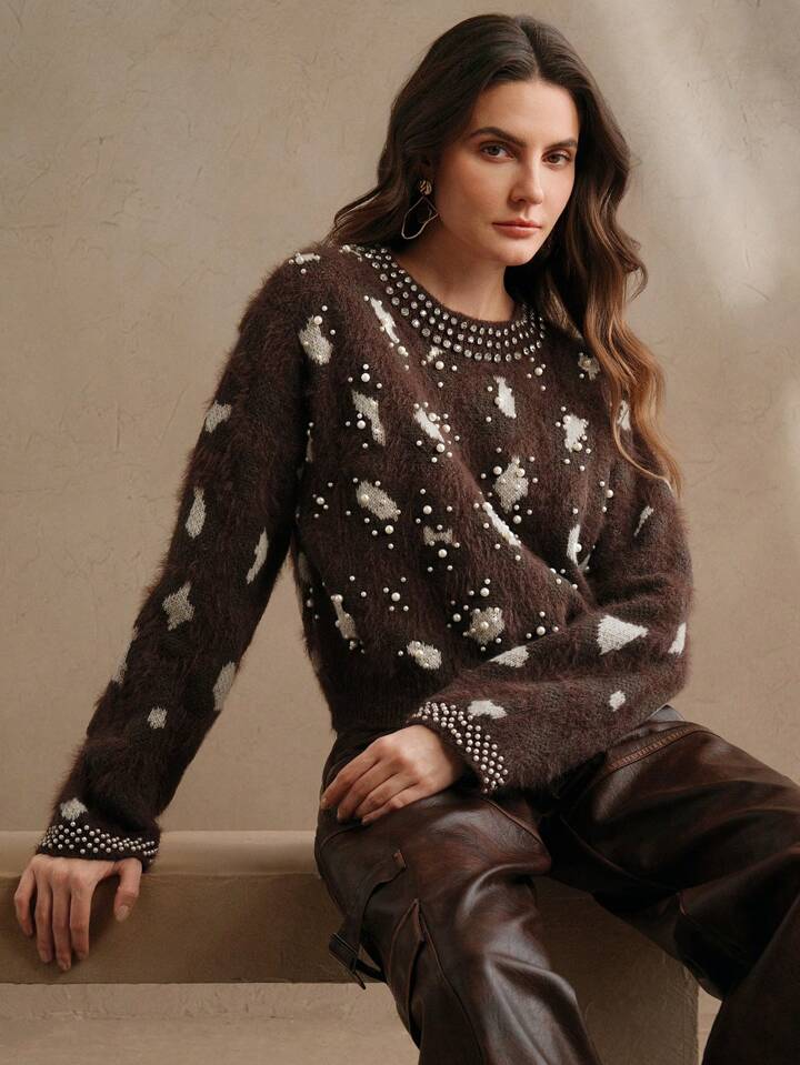 CM-CS247511 Women Casual Seoul Style Leopard Print Embellished Studded Fluffy Knit Sweater - Coffee Brown