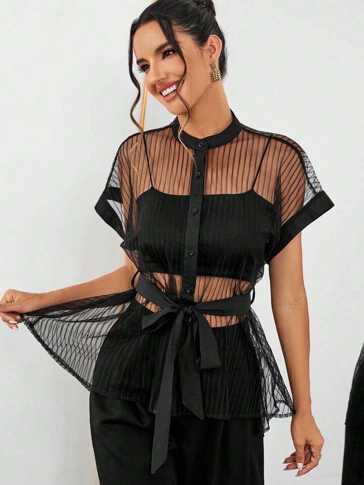 CM-TS823772 Women Casual Seoul Style Striped Mesh Batwing Short Sleeve Shirt - Black