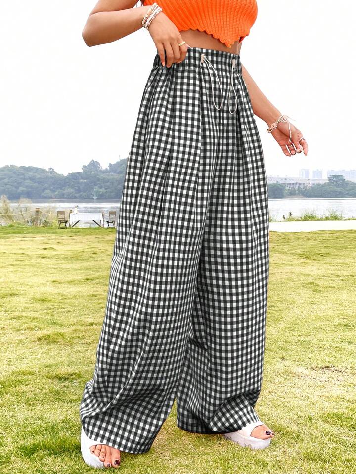 CM-BS557184 Women Casual Seoul Style Gingham Print High Waist Wide-Leg Long Pants - Black