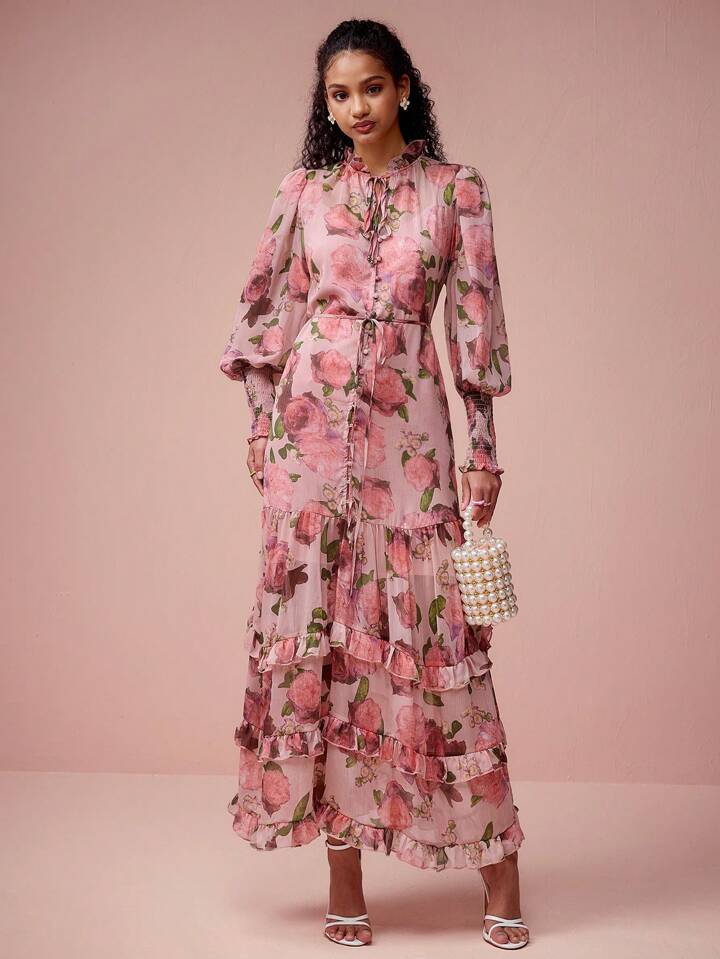 CM-DS308871 Women Elegant Seoul Style Floral Print Tie Neck Multi-Layered Ruffled Hem Cuffs Dress