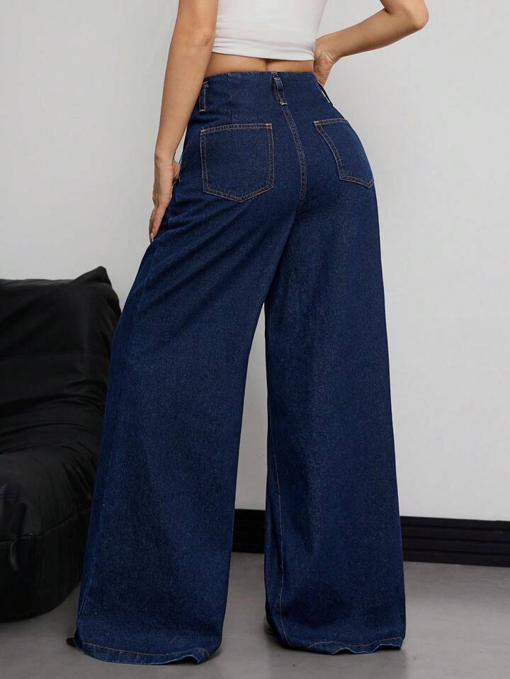 CM-BS170080 Women Casual Seoul Style Mid Waist Loose Extra Long Straight-Leg Denim Jeans - Blue