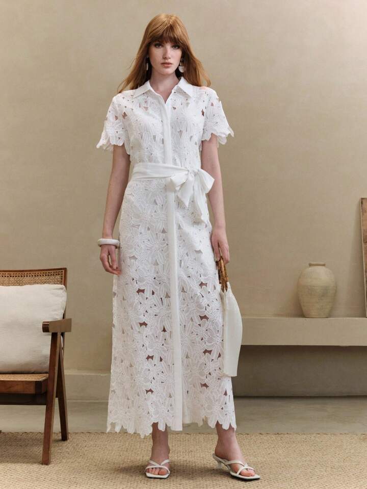 CM-DS577050 Women Trendy Bohemian Style Lace Hollow-Out Embroidered Floral Short Sleeve Open-Front Maxi Dress