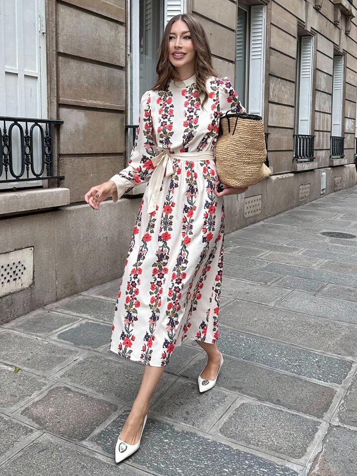 CM-DS321318 Women Casual Seoul Style Stand Collar Long Sleeve Floral And Striped Maxi Dress