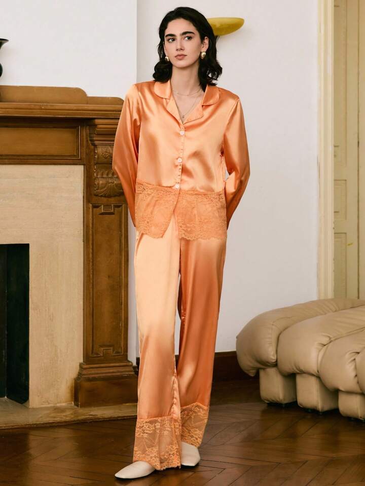 CM-LS629502 Women Trendy Seoul Style Lace Patchwork Satin Lapel Neckline Long Sleeve Pajama Set
