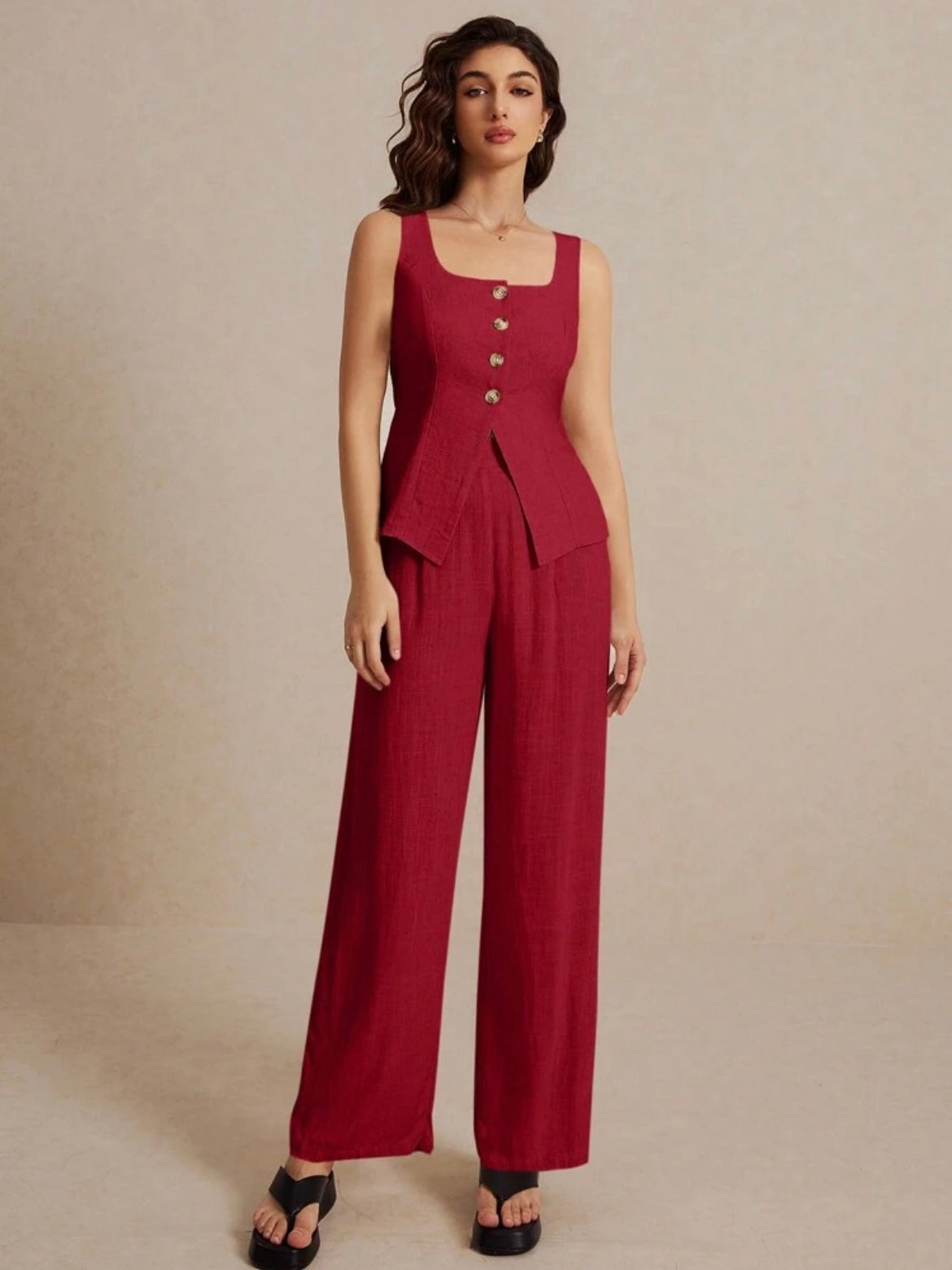 CM-SS698023 Women Casual Seoul Style Metal Button Embellishment Split Square Neck Sleeveless Vest With Pants - Set