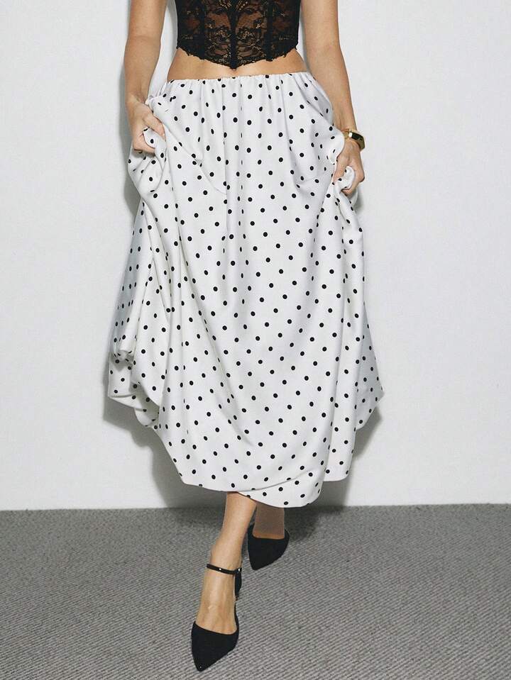 CM-BS787129 Women Elegant Seoul Style Polka Dot Print Satin Pleated Bubble Long A-Line Skirt - White