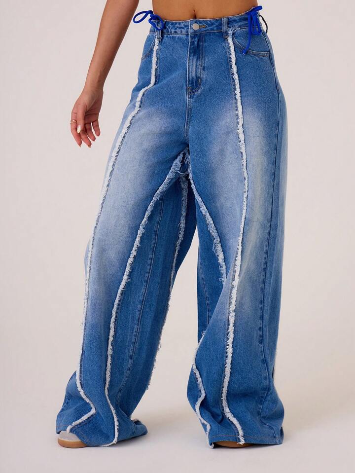 CM-BS622355 Women Casual Seoul Style Drop Waist Distressed Seam Wide Leg Jeans - Blue