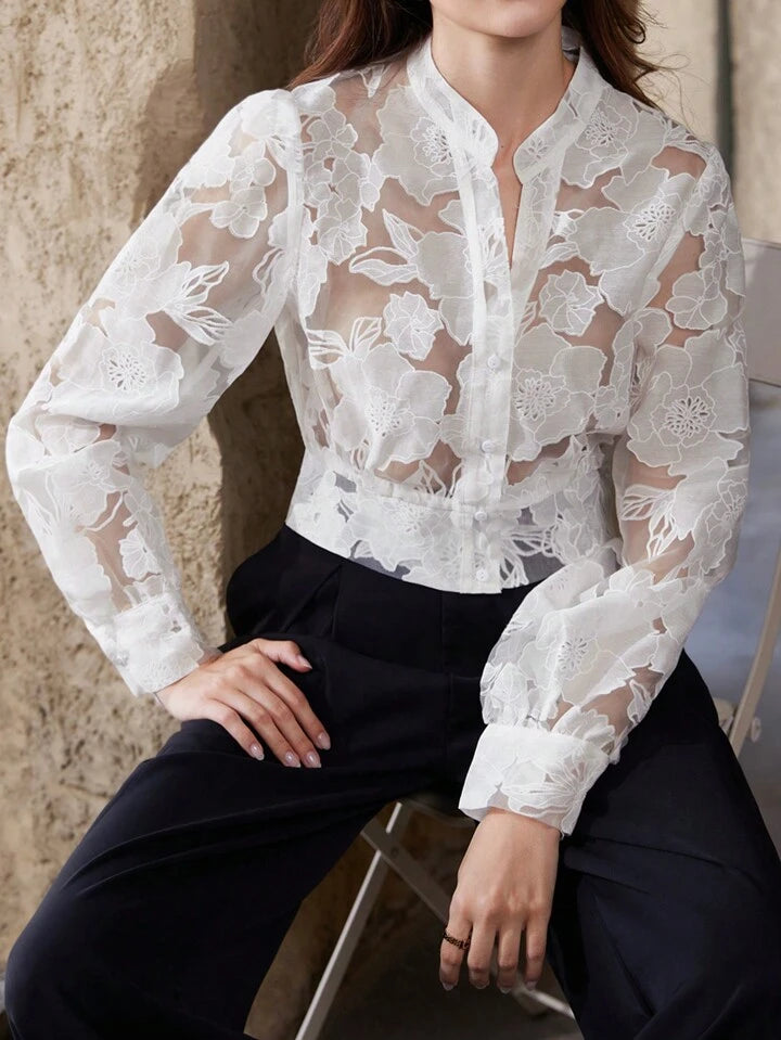 CM-TS600717 Women Elegant Seoul Style V-Neck Sheer Geometric Long Sleeve  Blouse - White