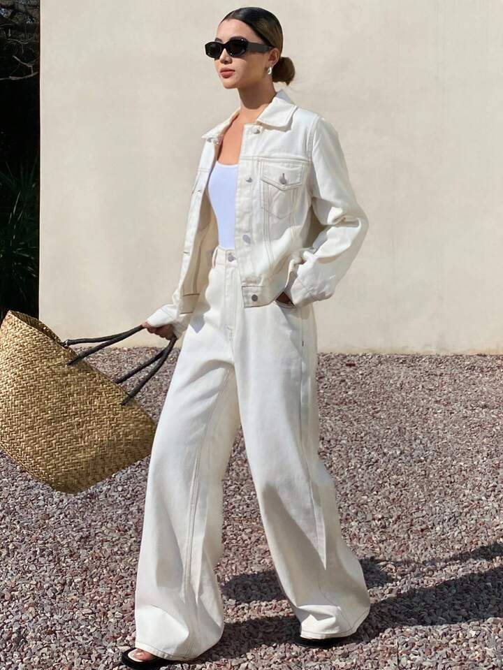 CM-SS672764 Women Casual Seoul Style Collared Neckline Long Sleeve Denim Jacket With Pants - Set