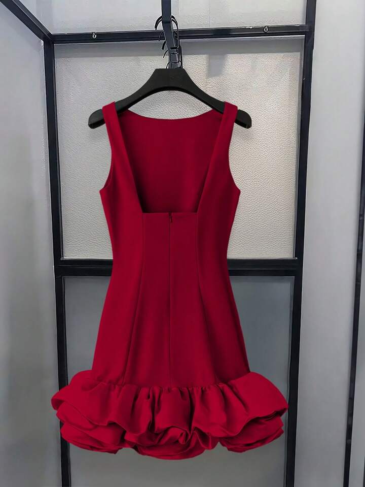 CM-DS314869 Women Elegant Seoul Style Round Neck Sleeveless Ruffle Hem Short A-Line Dress - Burgundy
