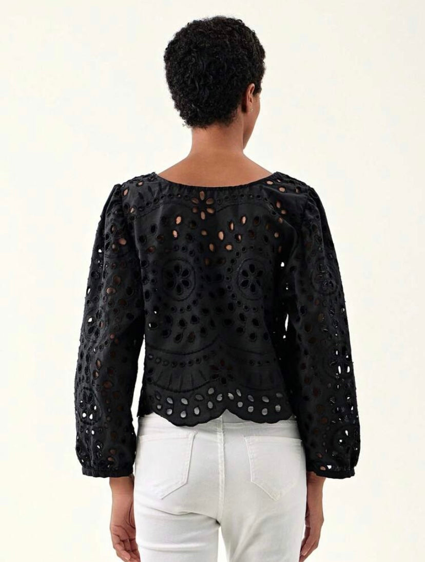 CM-TS600606 Women Trendy Bohemian Style Tie Neck Eyelet Embroidery Hollow Out Blouse