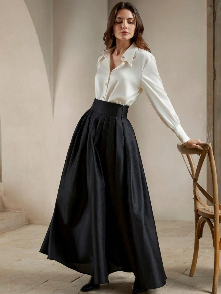 CM-BS549896 Women Elegant Seoul Style High Waisted Puff Pleated Long Skirt - Black