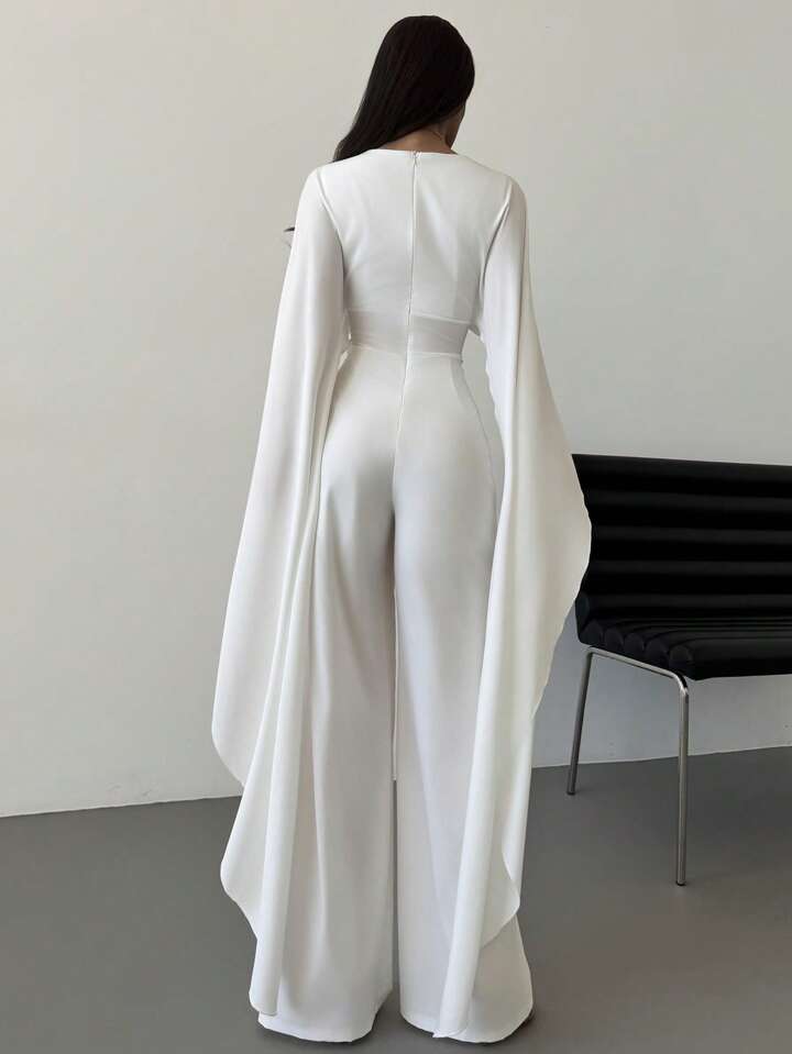 CM-JS484041 Women Elegant Seoul Style V-Neck Cape Extra Long Sleeves Waist Tie A-Line Wide Leg Jumpsuit - White