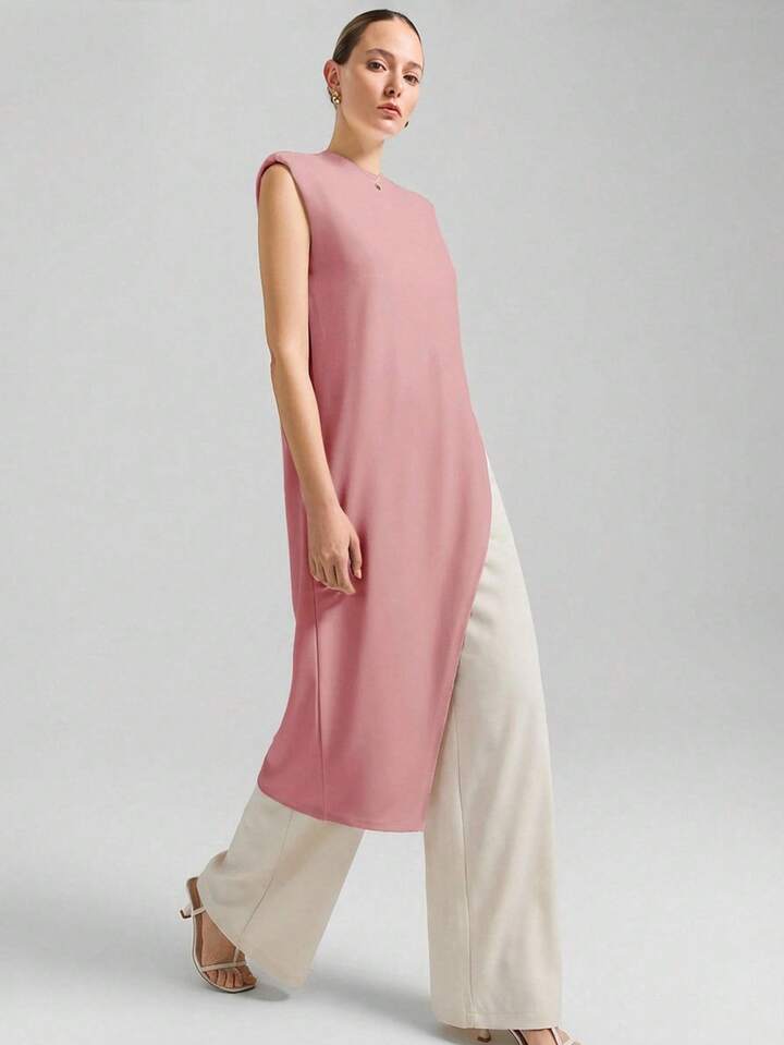 CM-TS641430 Women Casual Seoul Style Round Neck Wide Shoulder Sleeveless Asymmetric Hem Mid-Length Top - Pink