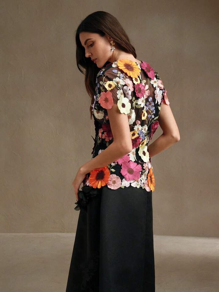 CM-TS496694 Women Elegant Seoul Style Round Neck Flounce Sleeve Embroidery Floral Applique Blouse - Black