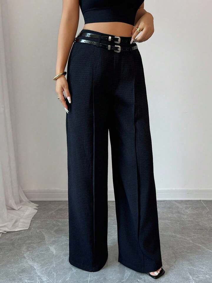 CM-BS675519 Women Elegant Seoul Style Solid Color Mid Waist Waffle Belt Loop Straight Leg Pants - Black