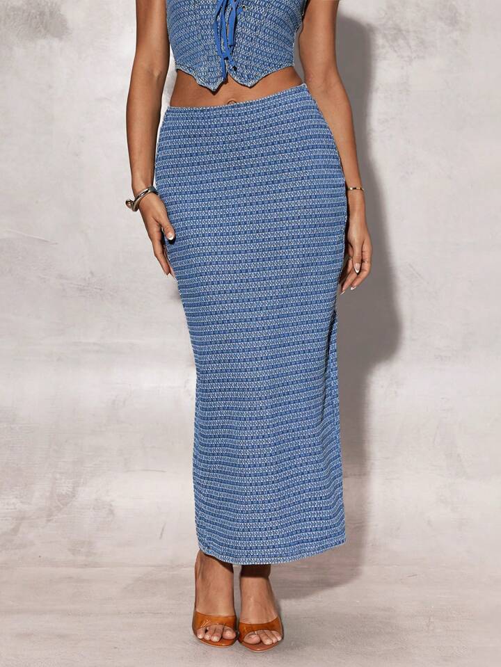 CM-BS720731 Women Casual Seoul Style High Waist Long Straight Denim A-Line Skirt - Blue