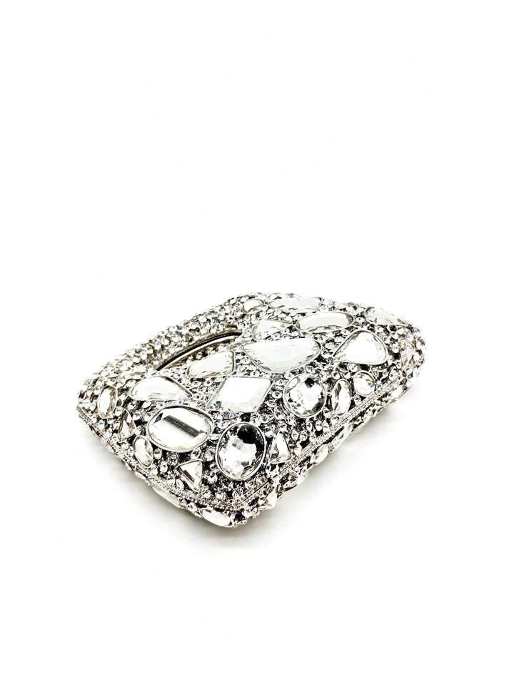 CM-BGS369899 Women Elegant Seoul Style Handmade Glass Rhinestone Clutch Bag - Silver