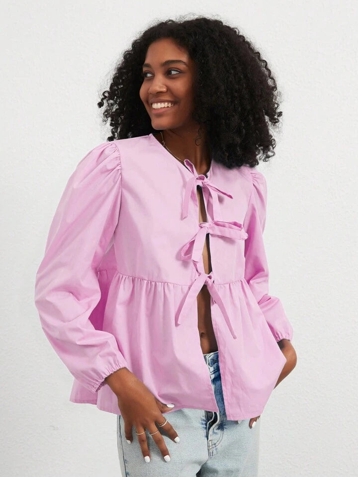 CM-TS866782 Women Casual Seoul Style Print Ruffle Hem Tie Long Sleeve Shirt - Pink
