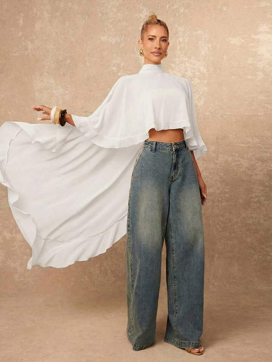 CM-TS820927 Women Casual Seoul Style Asymmetric Ruffle Hem Loose Collar Shawl Blouse - White