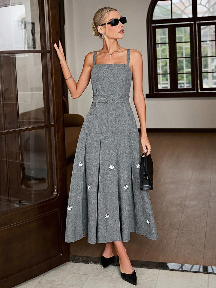 CM-DS414944 Women Elegant Seoul Style Spaghetti Strap Sleeveless Beaded Dress - Dark Gray