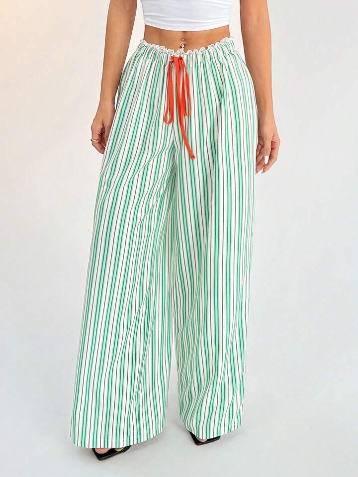 CM-BS773467 Women Casual Seoul Style Striped Mid-Rise Loose Wide-Leg Trousers - Green