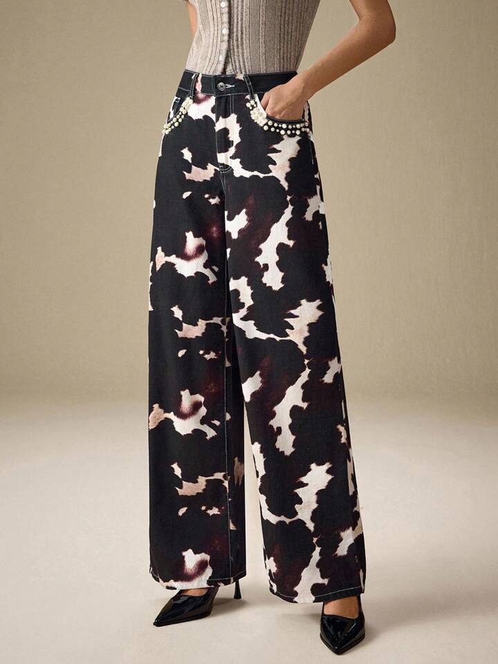 CM-BS448745 Women Casual Seoul Style All-Over Print Elastic Mid Waist Extra Long Straight-Leg Denim Jeans
