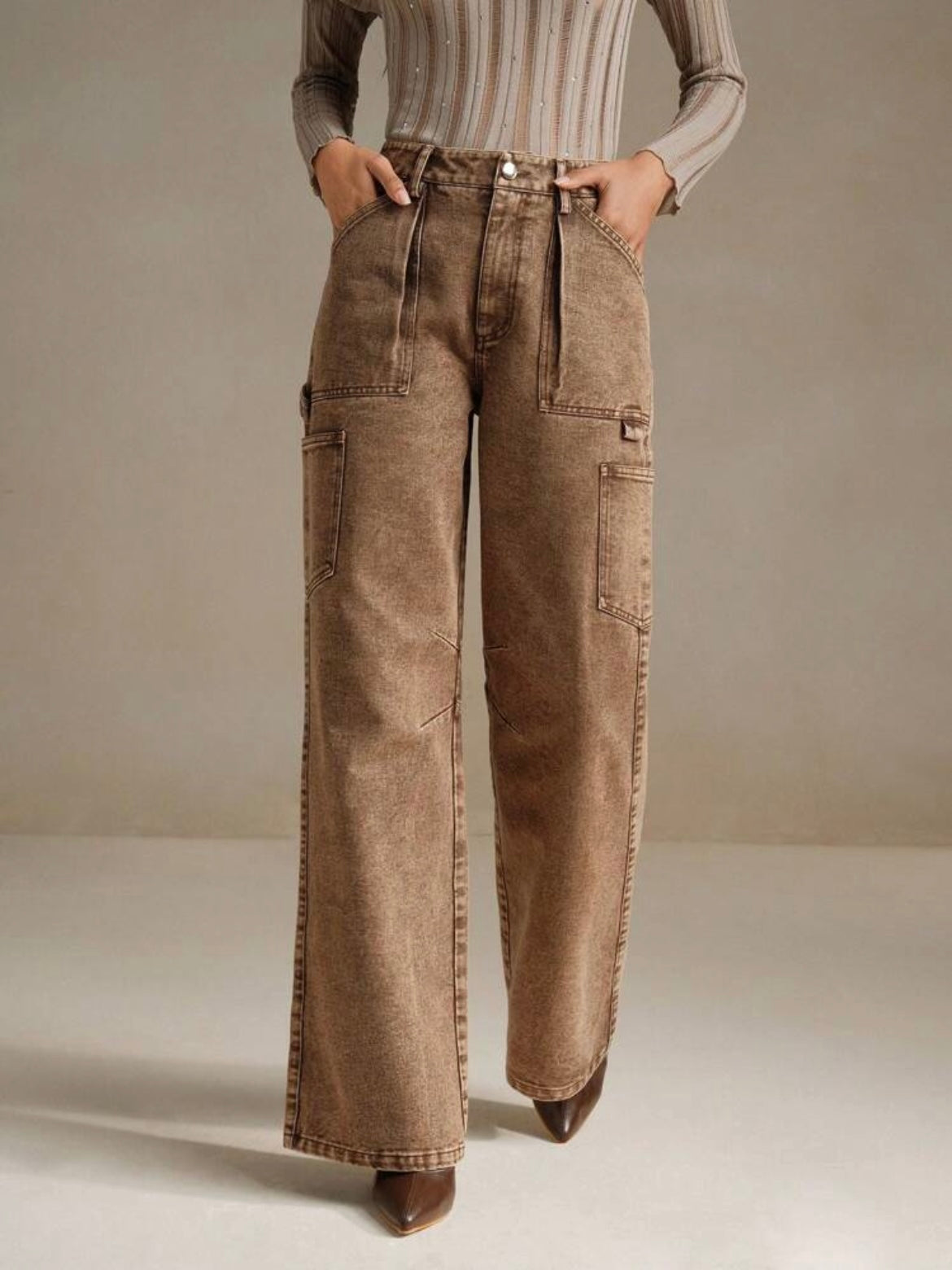 CM-BS336480 Women Casual Seoul Style Pocket Relaxed Straight Leg Denim Jeans - Brown