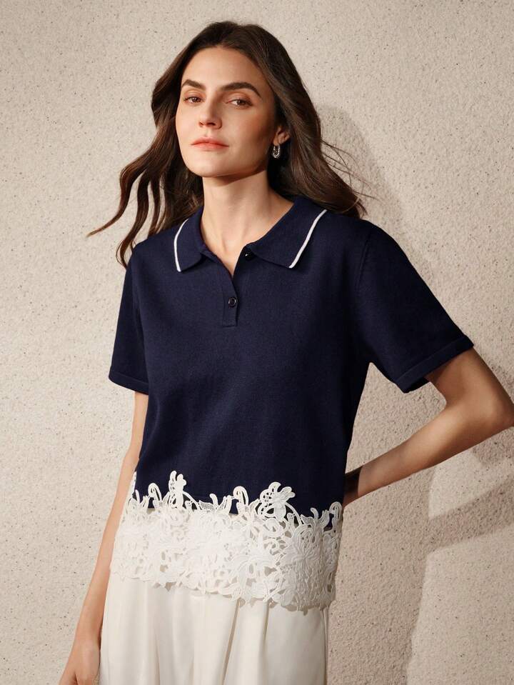 CM-TS844108 Women Casual Seoul Style Polo Collar Colorblock Ruffled Trim T-Shirt - Blue