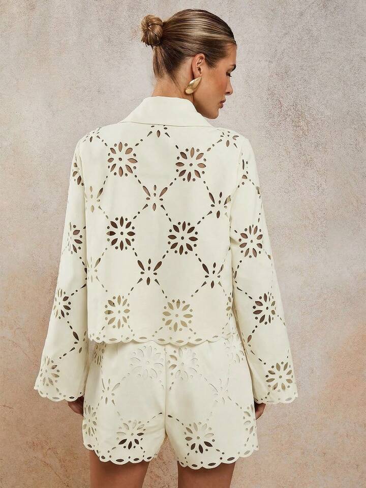 CM-SS089796 Women Elegant Seoul Style Laser Cut Long Sleeve Single-Breasted Blouse With Loose Shorts - Set